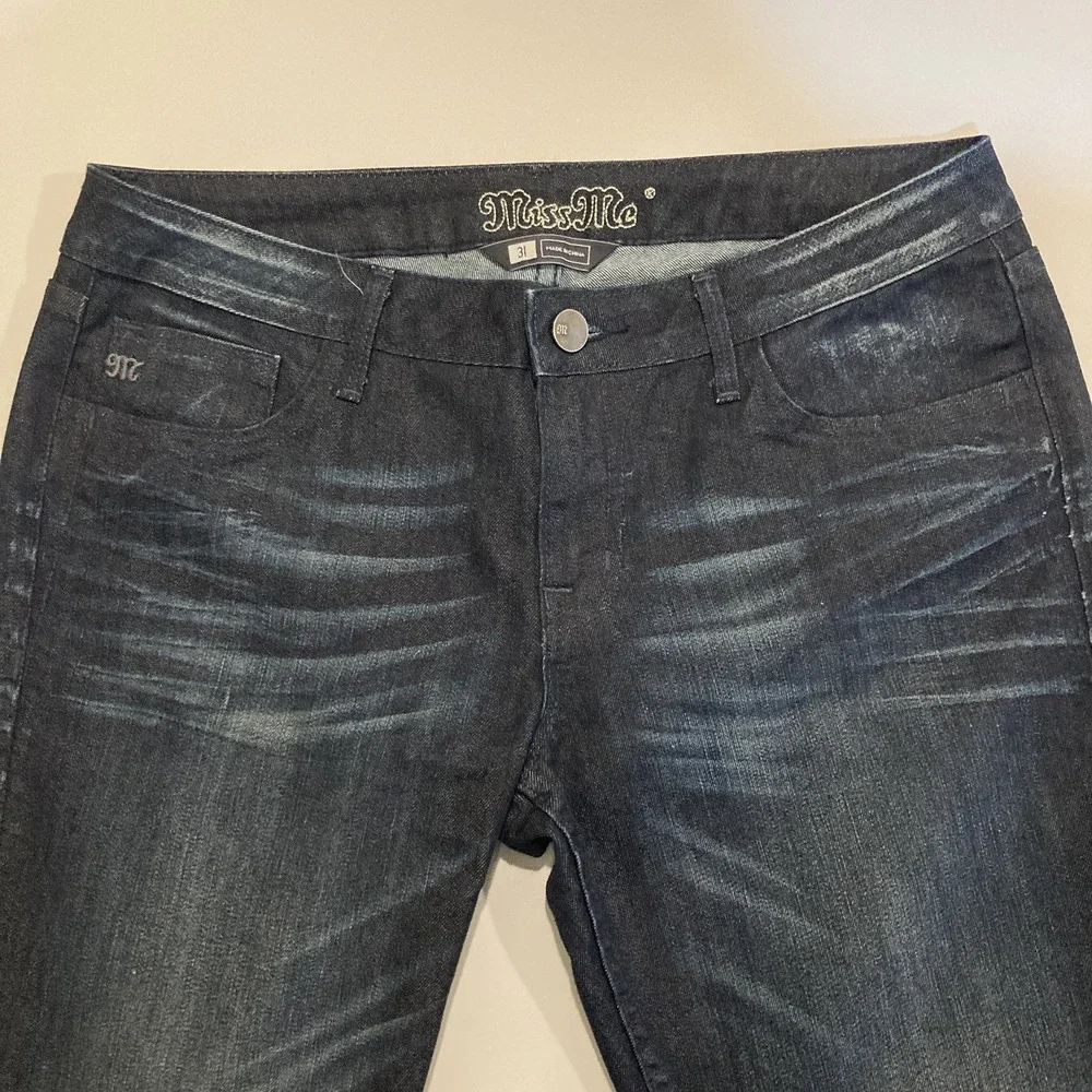 MISS ME Jeans Women NICOLE Size 31 Low‎ Rise Skinny Stretch Whiskered Dark Blue